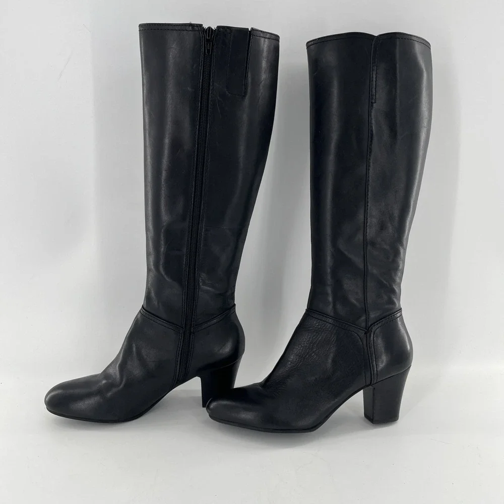 Nine West Knee High Leather Tall Dress Boots Black 9 Mid Heel Side‎ Zip Alysia